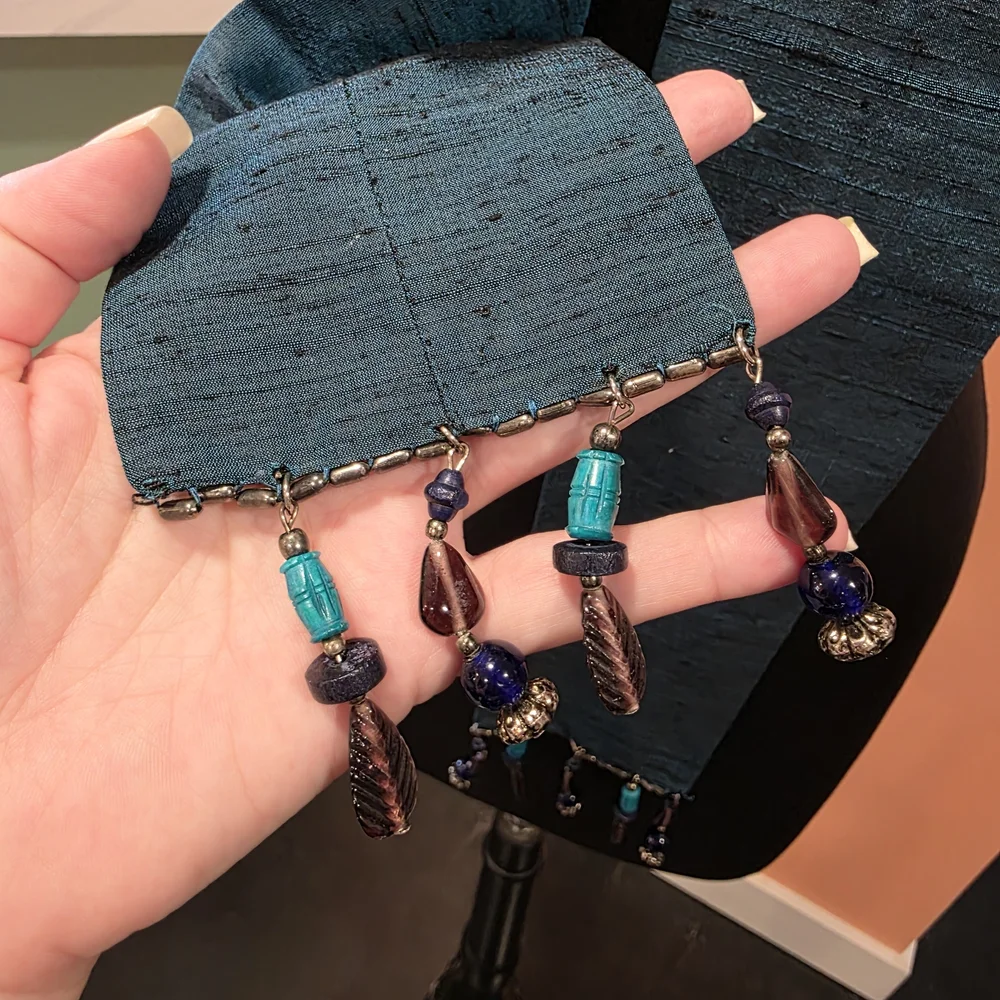 Whimsigoth Vintage Echo Teal Scarf with Beaded Fringe Silk
